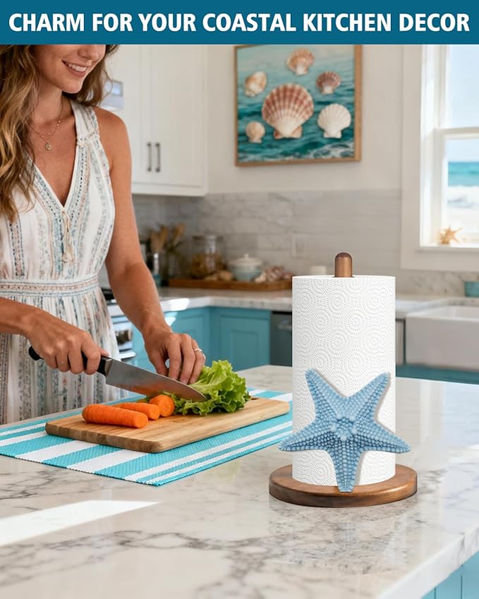 Starfish Paper Towel Holder, Coastal Beach Ocean Decor for Kitchen Bathroom Countertop, Freestanding Wooden Stand, Standard & Jumbo Rolls, Gift for Women