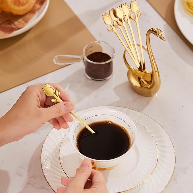 Gold Small Coffee Spoon Holder Set,Swan Base With 12 Pcs Demitasse Espresso Spoons Set,6" Mini Tulip/Rose Dessert Spoon,Stainless Steel Tea Spoons - Image 6
