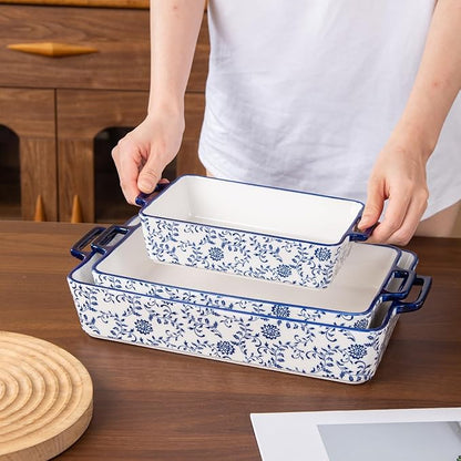 Ceramic Bakeware Set - Casserole Dish Baking Dishes for Oven - Rectangular Lasagna Pans with Handles for Kitchen Cooking - Microwave & Dishwasher Safe - Set of 3 (15.1''/13.6''/9.9'') - Blue - Image 7