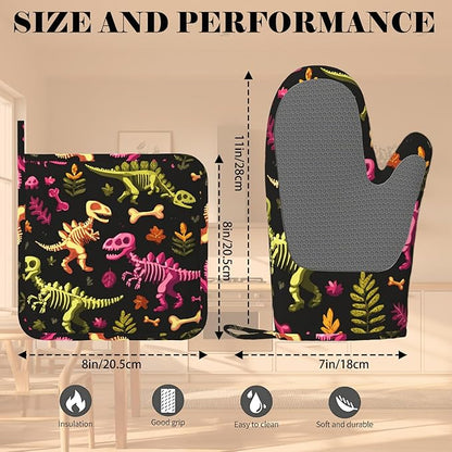 Dinosaur Skeleton Oven Mitts and Pot Holders Sets Non-Slip Silicone Surface for BBQ Gloves,Kitchen,Cooking,Baking,Grilling