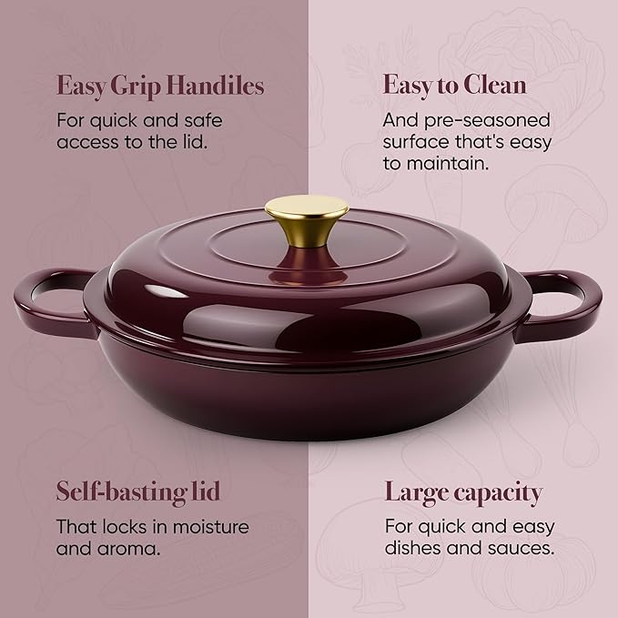 3 Quart Enameled Cast Iron Braiser, Non Stick Enameled Cast Iron Skillet with Lid, Dutch Oven Skillet with lid up to 500°F for Oven, Stove, Grill, Shallow Dutch Oven for Cook, Bake (Fig)