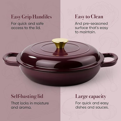 Vintage Style 3 Quart Enameled Cast Iron Braiser, Non Stick Enameled Cast Iron Skillet with Lid, Dutch Oven Skillet with lid up to 500°F for Oven, Stove, Grill, Shallow Dutch Oven for Cook, Bake (Fig) - Image 7