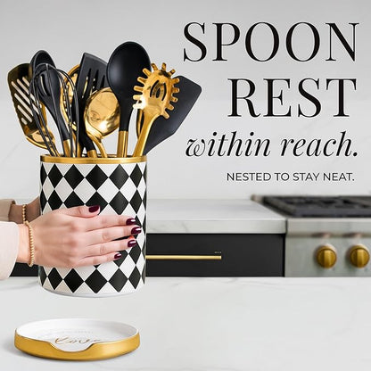 STYLED SETTINGS Black & White Checkered Utensil Holder Set – Large Ceramic Kitchen Utensil Holder for Countertop with Gold Spoon Rest – Stylish Checkered Kitchen Decor & Organizer - Image 3