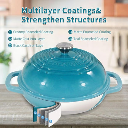Enameled Cast Iron Bread Oven, 6 Quart Dutch Oven for Bread Sourdough Baking, 11" Thick Enamel Bread Baking Pan Kit with Lid for Stews, Roasts and Gifts for Family, Teal