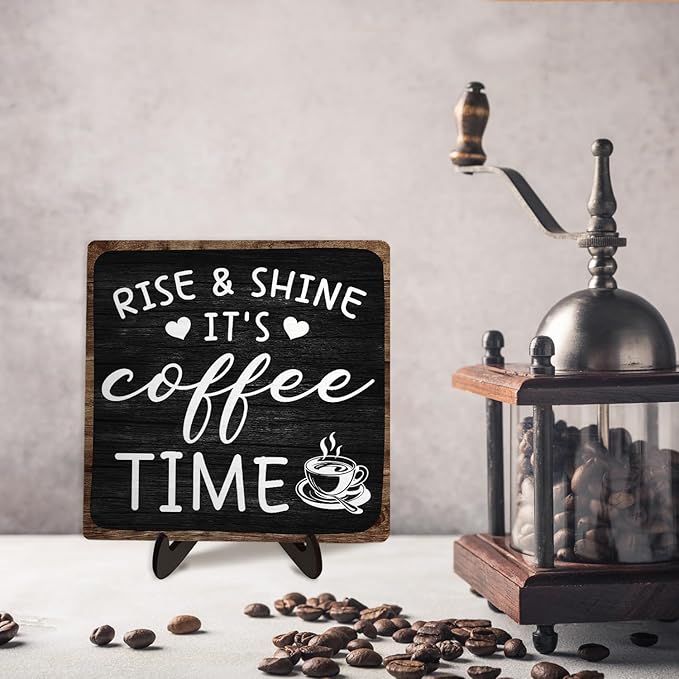 Farmhouse Coffee Wooden Plaque Sign, Vintage Desk Decor for Home or Office Coffee Station,Cafe Bar Sign - Rise & Shine It's Kitchen Wooden Sign 5.9x5.9In (Black2) - Image 6