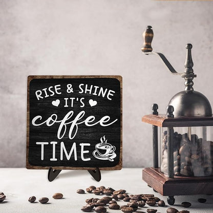 Farmhouse Coffee Wooden Plaque Sign, Vintage Desk Decor for Home or Office Coffee Station,Cafe Bar Sign - Rise & Shine It's Kitchen Wooden Sign 5.9x5.9In (Black2) - Image 6