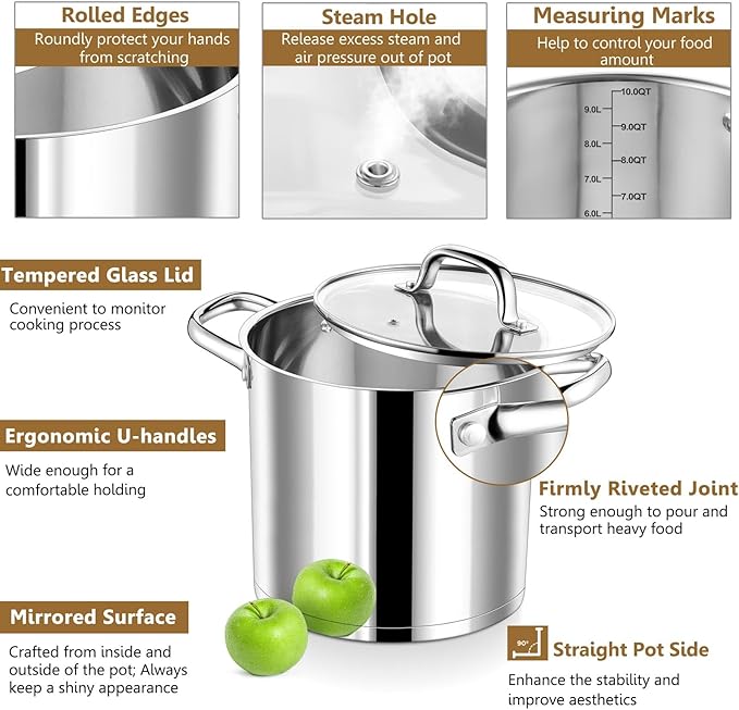 P&P CHEF 10 QT Stock Pot with Lid, Stainless Steel Large Cooking Pot, Soup Canning Stockpot for Stewing Simmering, Tri-ply Bottom for All Stoves, Heavy-Duty &Dishwasher Safe & Food-Grade - Image 3