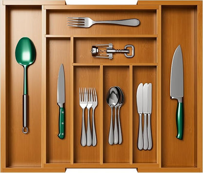 Pipishell Bamboo Expandable Drawer Organizer for Utensils Holder, Adjustable Silverware Organizer Cutlery Tray, Drawer Dividers for Utensils, Flatware, Knives in Kitchen, Bedroom, Living Room Brown - Image 7