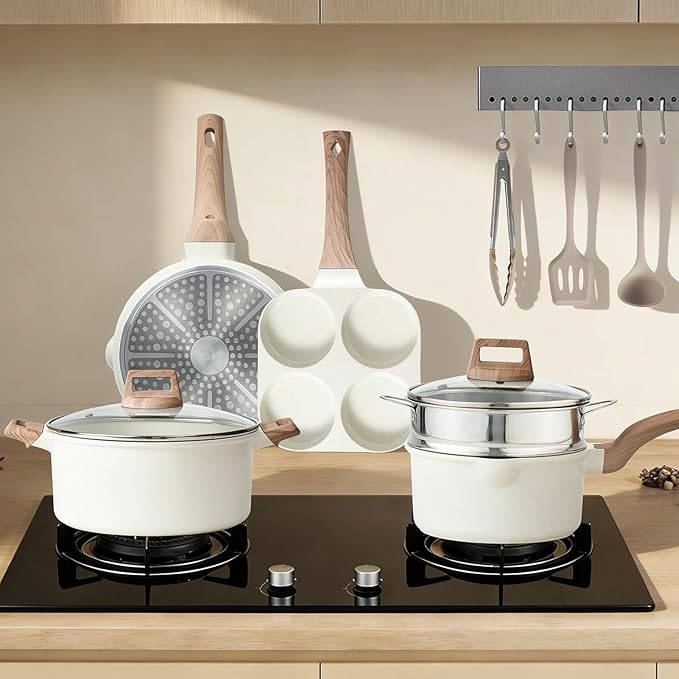 25 Pcs Pots and Pans Set, Nonstick & Non-Toxic Healthy Pots and Pans, Heat-Resistant Handles, Induction Cookware Sets with Frying Pans, White