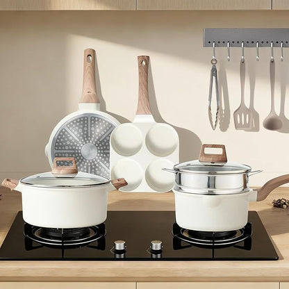 25 Pcs Pots and Pans Set, Nonstick & Non-Toxic Healthy Pots and Pans, Heat-Resistant Handles, Induction Cookware Sets with Frying Pans, White