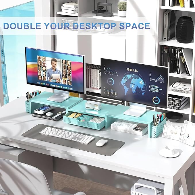 gianotter Dual Monitor Stand Riser, Desk Organizer With Drawer and 2 Pen Holders, Monitor Stand for Desk, Office Decor Essentials (Blue) - Image 6