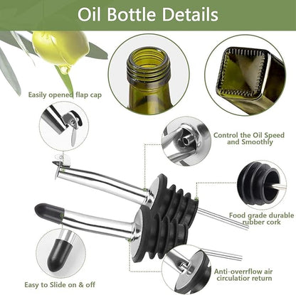 Glass Olive Oil Dispenser and Vinegar Dispenser Set with 2 Stainless Steel Pourers, 4 Labels, 1 Brush and 1 Funnel Oil Bottles for Kitchen (500ml)-Green (Olive Green) - Image 3