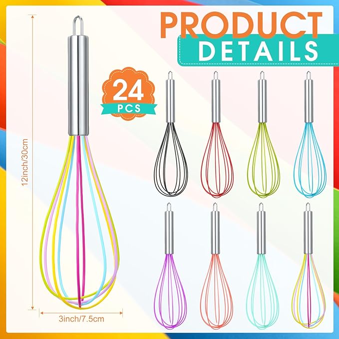 Domensi 24 Pcs 12 Inch Whisks Bulk for Cooking Silicone Whisks Non Scratch Stainless Steel Egg Beater Colorful Coated Metal Heat Resistant Egg Beaters for Valentines Day Party Favor Gift Supplies - Image 2