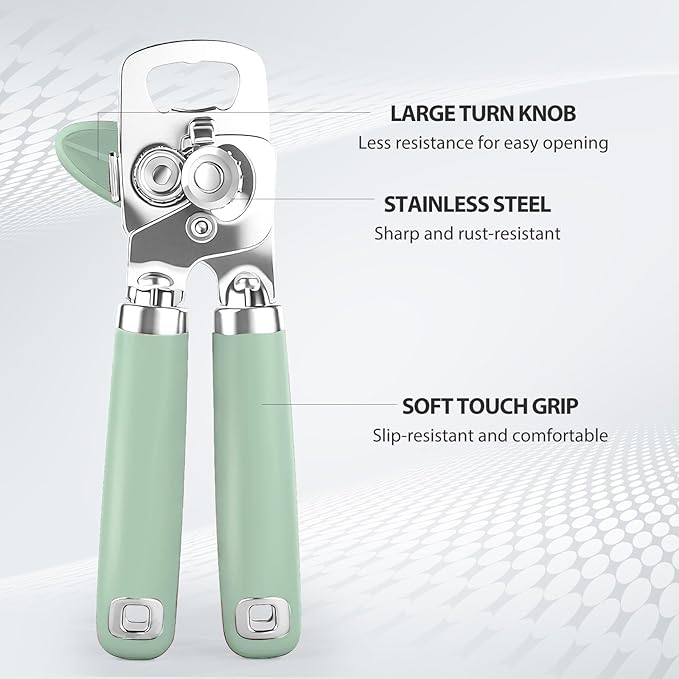 Safring Can Opener Manual, Heavy Duty Stainless Steel Smooth Edge Can Opener With Soft Touch Handle, Oversized Handheld Easy Turn Knob, Multi-Function Bottle Opener, Mint