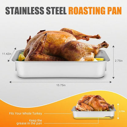 Stainless Steel Turkey Roasting Pan with Rack & Handles, Heavy Duty Food-Safe Turkey Pan Dishwasher Safe, Perfect for Cooking Turkey and Steak for Thanksgiving and Christmas (Standard)