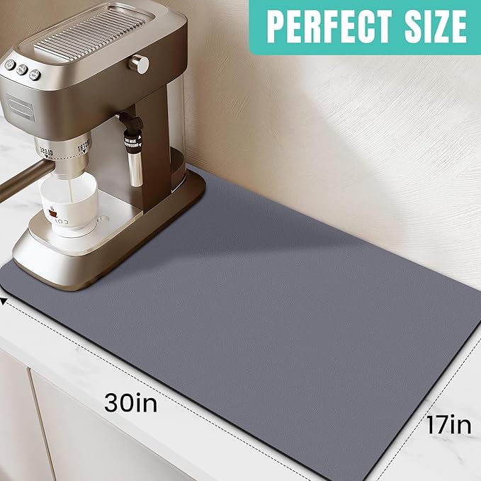 WISELIFE Coffee Mat Super Absorbent Dish Drying Mat Bar Accessories Match with Coffee Machine Large Drying Mats for Kitchen Counter 17" W x 30" L, Grey - Image 2