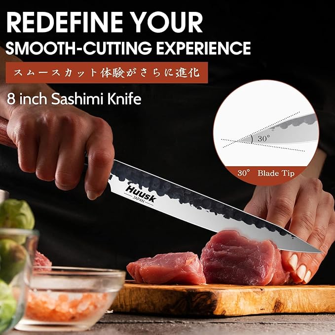 Huusk Japanese Slicing Knife 8 Inch Sushi Knife, Hand Forged Sashimi Knives with Ergonomic Handle for Carving Turkey Cutting Meats, Vegetables, and Fruits, Gifts Idea for Men and Women
