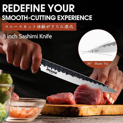 Huusk Japanese Slicing Knife 8 Inch Sushi Knife, Hand Forged Sashimi Knives with Ergonomic Handle for Carving Turkey Cutting Meats, Vegetables, and Fruits, Gifts Idea for Men and Women