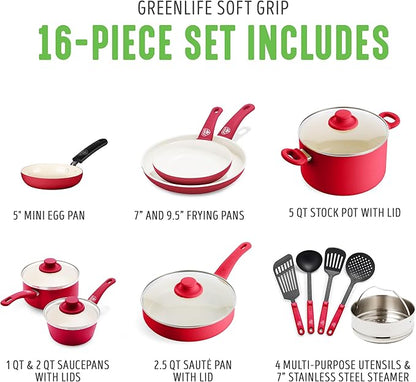 GreenLife 16 Piece Nonstick Cookware Set, Soft Grip Non-Toxic PFAS-Free Ceramic Pots & Pans, Dishwasher & Oven Safe, Frying, Sauce, Saute, Utensils, Glass Lids, Stay-Cool Handles, Wobble Free, Red - Image 3