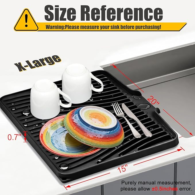 TIKNIK Silicone Dish Drying Mat, Stone Drying Mat for Kitchen Counter with Built-In Drain, Non-Slip Drain Pad with Built-in Drain, Heat Resistant Stone Drying Mat, Hangable, Black-1pc, 20" x 15" - Image 2