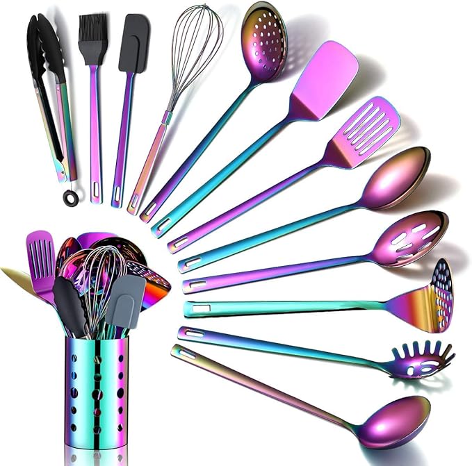 Rainbow Kitchen Utensils Set,13 Pieces Stainless Steel Cooking Utensils Set With Titanium Rainbow Plating,Kitchen Tools Set With Utensil Holder For Non-Stick Cookware Dishwasher Safe (13 Packs) by HOMQUEN