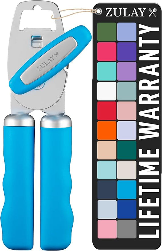 Zulay Kitchen Heavy Duty Stainless Steel Can Opener Manual with Bottle Opener - Rust Proof Manual Can Opener With Turn Knob & Comfy Soft Grip Handles - Aqua by ZulayKitchen