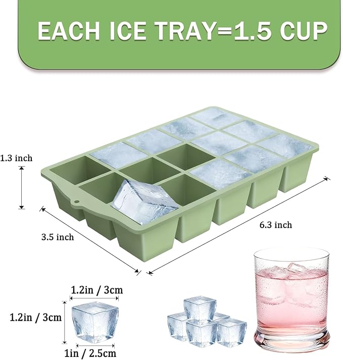 Ice Cube Trays for Freezer, 2 Pack Easy Release Slicone Ice Cube Tray with Lid, BPA Free Stackable Flexible Ice Molds 15 Square Reusable Ice Cubes for Whiskey, Baby Food, Iced Coffee (Green) - Image 2