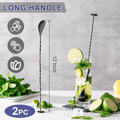 BRIOUT 2 Pcs Bar Spoon, 12 Inches Long Handle Drink Stirrer, Stainless Steel Bar Cocktail Mixing Spoons with Round Base for Stirring, Black - Image 2
