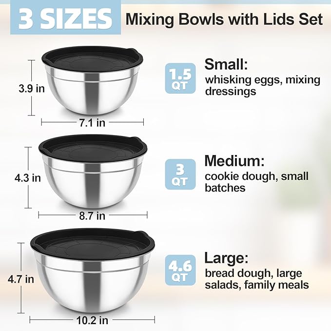TeamFar Mixing Bowls, Stainless Steel Nesting Salad Bowls with Airtight Lids Set, For Serving/Mixing/Storing, Healthy & Long-lasting, Dishwasher Safe & Easy Clean, 4.6/3 / 1.5 QT, Black - Image 2