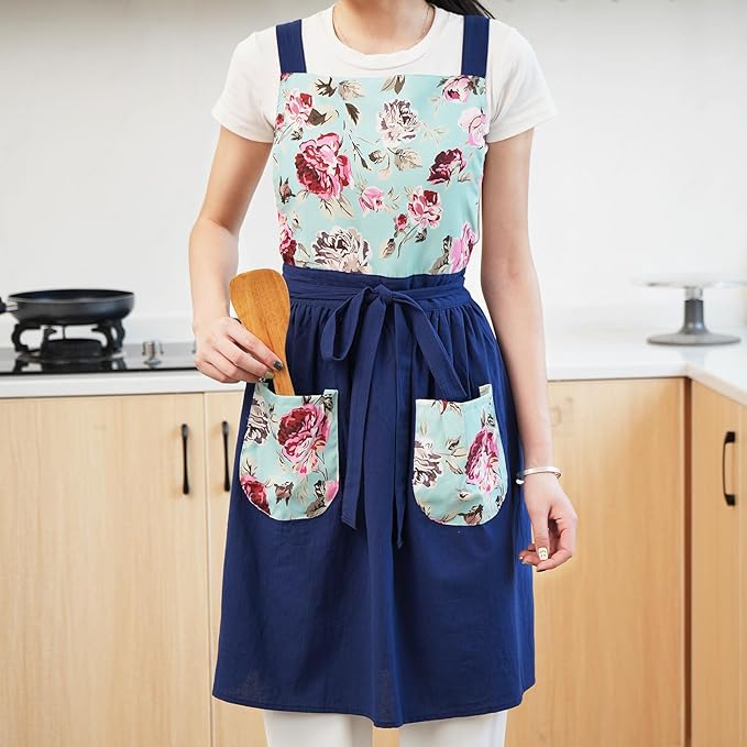 Pinknoke Vintage Pinafore Apron Dress for Women with Pockets Cute Floral Chef Aprons for Kitchen Cooking Baking Gardening - Image 8