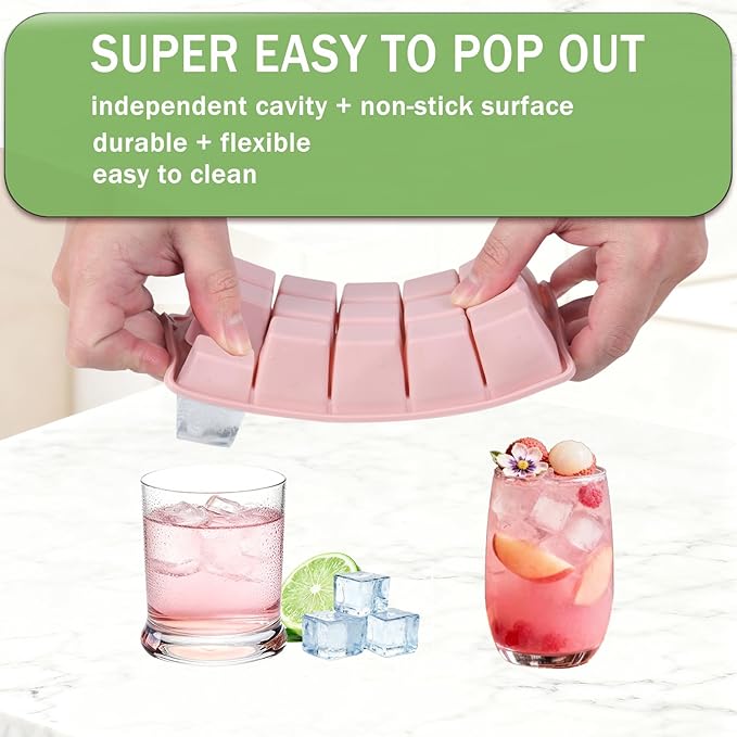 Ice Cube Trays for Freezer, 2 Pack Easy Release Slicone Ice Cube Tray with Lid, BPA Free Stackable Flexible Ice Molds 15 Square Reusable Ice Cubes for Whiskey, Baby Food, Iced Coffee (Pink) - Image 3