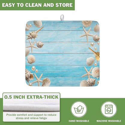 Summer Coastal Dish Drying Mat for Kitchen Counter Seashell Starfish Blue Wooden Board Microfiber Dish Drainer Mat Ocean Nautical Absorbent Washable Drying Pad Extra Large 16"x18"