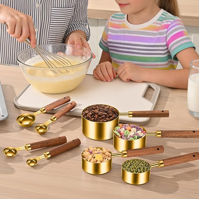 Stainless Steel Measuring Cups and Spoons Set of 8, Stackable Wooden Handle Metal Measuring Cup & Spoon Set with Metric & US Measurements, Rustic Farmhouse Kitchen Gadgets for Dry & Liquid Ingredients