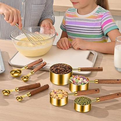 Stainless Steel Measuring Cups and Spoons Set of 8, Stackable Wooden Handle Metal Measuring Cup & Spoon Set with Metric & US Measurements, Rustic Farmhouse Kitchen Gadgets for Dry & Liquid Ingredients