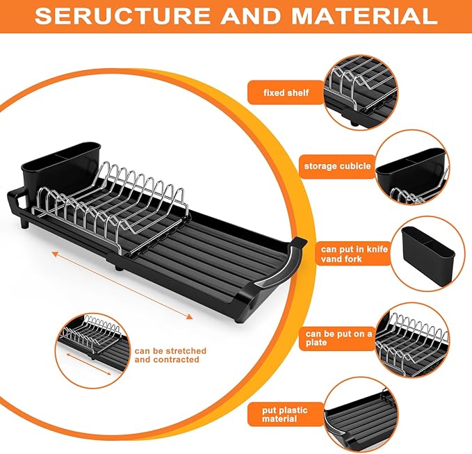 Dish Drying Rack Compact Expandable - A Space-Saving, Stainless Steel, Rust-Resistant Dish Drainer for Kitchen and Apartment Countertops/Sink Cabinets, Extendable from 11.42 to 19.9 inches(Black) - Image 4