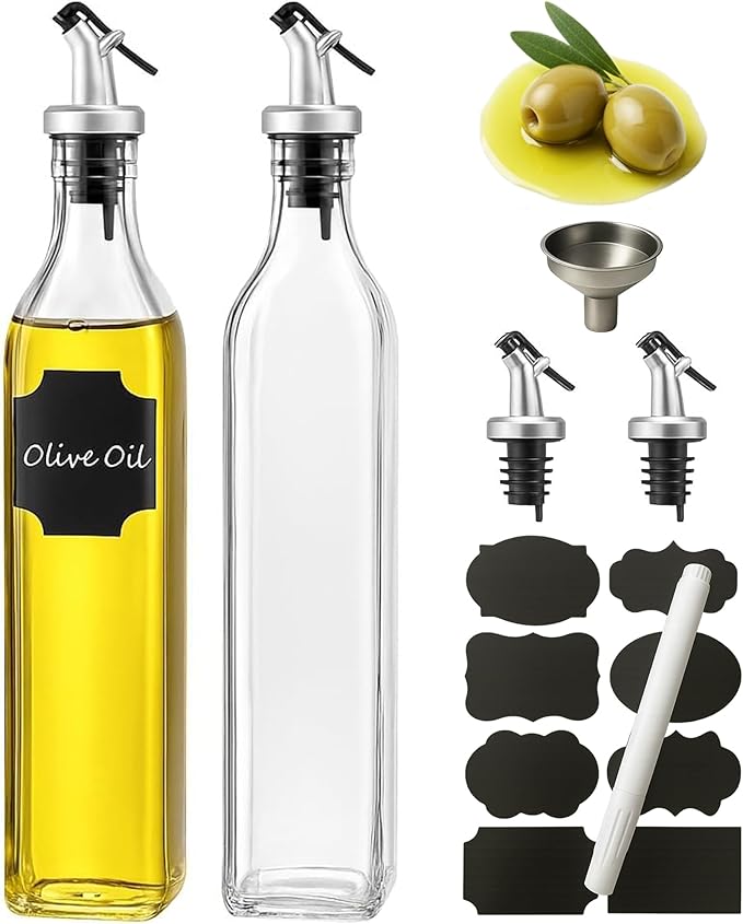 WERTIOO Olive Oil Dispenser Bottle, 2 Pack 17oz Oil and Vinegar Dispenser Set Clear Oil Bottles Container for Kitchen with 4 Spout, Funnel & Pen and Labels by WERTIOO