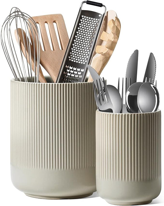 LE TAUCI Utensil Holder for Kitchen Counter, 7.3"+5.4" Fluted Ceramic Utensil Crock Organizer for Countertop, Heavy Large Holder for Spatulas, Spoons, Set of 2, Oatmeal Greige by LETAUCI