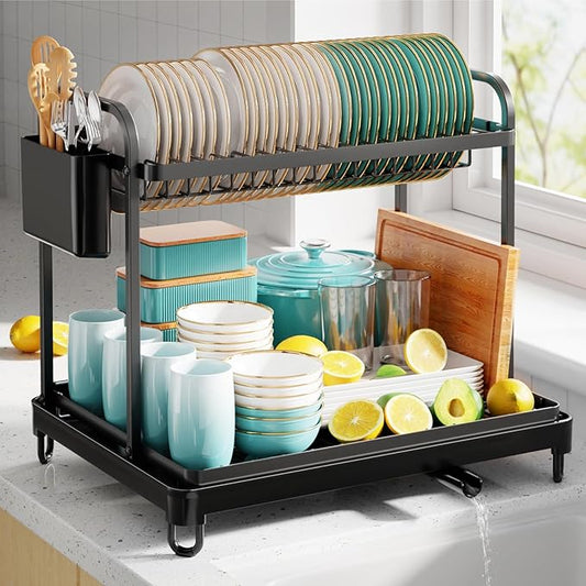 Sakugi 2-Tier Dish Drying Rack - Stainless Steel Dish Rack with Cutlery & Utensil Holders for Kitchen Counter, Sink Organization and Storage for Small Family, 16.7" W x 12.7" L x 15.8" H, Black by Sakugi