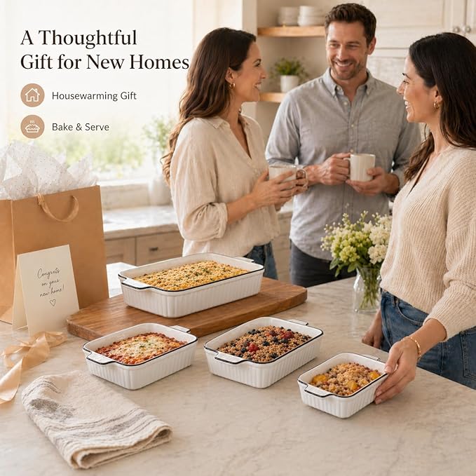 Ceramic Bakeware Set of 4, Deep Rectangular Casserole Dishes for Oven to Table, Non-Stick Lasagna Pans with Handles, Stackable Baking Pans for Family Dinners & Housewarming Gift - Image 6