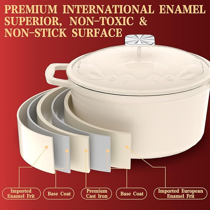 Enameled Cast Iron Dutch Oven - 5QT Dutch Oven Pot with Crab Lid & Oversized Knob & Ergonomic Handles - Heavy Duty Cookware for Braising, Stews, Roasting, Bread Baking - Cream White - Image 4