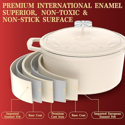 Enameled Cast Iron Dutch Oven - 5QT Dutch Oven Pot with Crab Lid & Oversized Knob & Ergonomic Handles - Heavy Duty Cookware for Braising, Stews, Roasting, Bread Baking - Cream White - Image 4