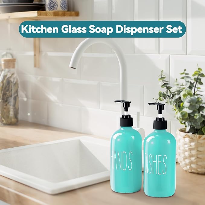 COHOSEGE Glass Soap Dispenser Set 2 Pack,16 Oz Dish Soap Dispenser for Kitchen Sink,Teal Kitchen Accessories and Kitchen Decor,Turquoise Decorations and Kitchen Utensils for Kitchen - Image 2