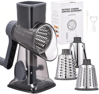 Rotary Cheese Grater with Handle Kitchen Shredder Slicer Grater Slicer Ice Shaver Cheese Vegetable Nuts Potato Zucchini Chocolate 3 Interchangeable Blades (Grey TSP) by Ziweaye