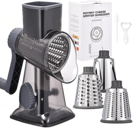 Rotary Cheese Grater with Handle Kitchen Shredder Slicer Grater Slicer Ice Shaver Cheese Vegetable Nuts Potato Zucchini Chocolate 3 Interchangeable Blades (Grey TSP) by Ziweaye