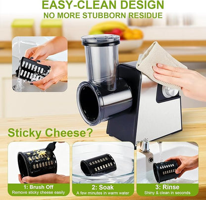 Upgraded 300W Electric Cheese Grater with 7 Stainless Steel Blades, Cheese Shredder Electric for Slicing, Shredding & Grinding Vegetables, Fruits and Nuts,Easy One-Touch Control
