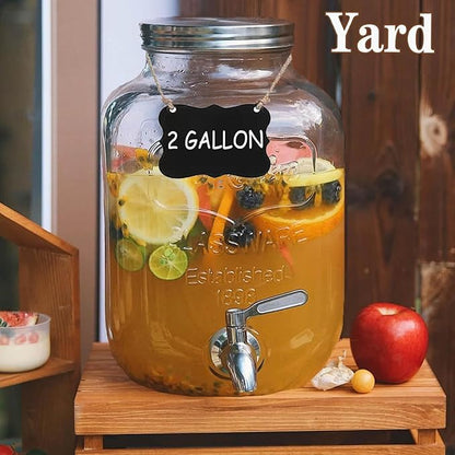 2 Gallon Drink Dispenser with 18/8 Stainless Steel Spigot, Sun Tea Glass Mason Jar for Outside, Iced Lemonade Beverage Dispenser with Ice Core, Large Water Juice Jug, Punch Dispenser for Parties
