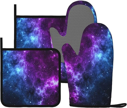 Cool Blue Purple Galaxy Oven Mitts and Pot Holders Sets of 4, Heat Resistant Silicone Oven Mittens and Potholders Gloves Hot Pads for Kitchen Cooking Baking Grilling BBQ Chef by Echoserein