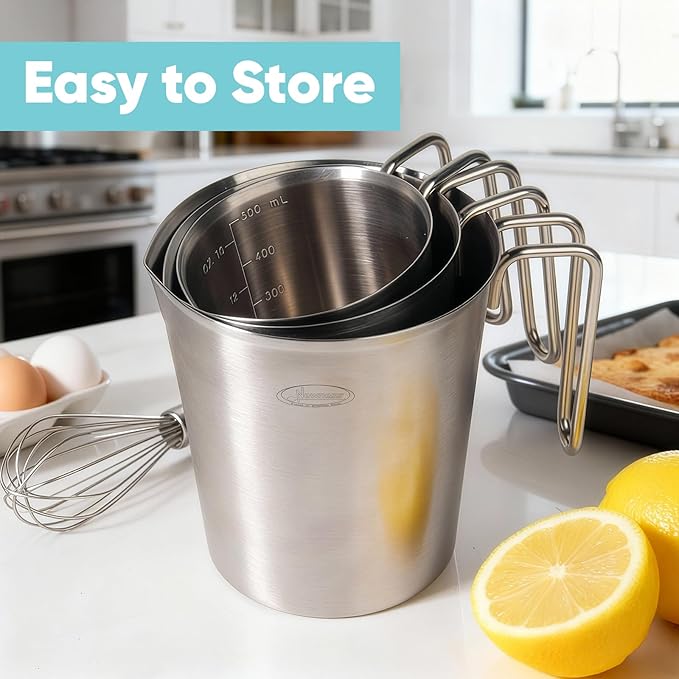 Newness 3-Pack Stainless Steel Measuring Cups Set, (3 Marking Including Cup/ML/Oz Scale) (2, 3 & 4 Cup) Metal Measuring Cup with Handle For Prepping, Baking and Cooking, Dishwasher, Microwave Safe - Image 4