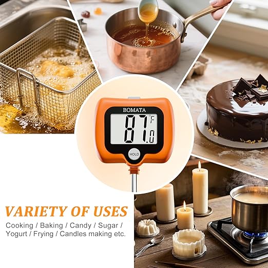 BOMATA Digital Candy Thermometer with Pot Clip, Deep Fry Oil Thermometer with Rotatable Display & Long Probe, for Candy Candle Making, Cooking, Food, Liquids, Water, Sugar.. Orange