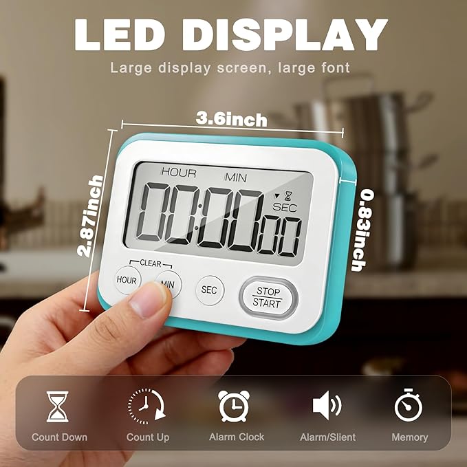Digital Kitchen Timer Magnetic Loud Alarm, Large LCD Screen Silent/Beeping Multi-Function for Teachers Classroom Kids, Sky Blue - Image 6